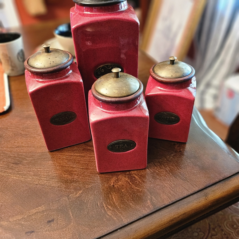 Red Ceramic Canister Set with Brass Lids